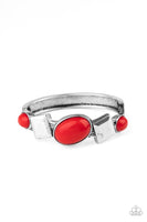 Vivacious red oval beads and antiqued silver square frames are pressed into the textured front of a cuff-like bangle, creating a colorful pop of color around the wrist. Features a hinged closure.  Sold as one individual bracelet.